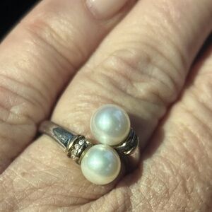 Vintage 14K Gold & Sterling Akoya Pearl Diamond Bypass Ring Sz 7 Estate Jewelry